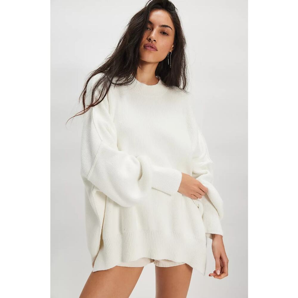 Free People Ottoman Slouchy Tunic Sweater Medium Ivory Oversized Ribbed Knit